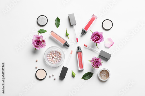 Beautiful composition with lipsticks on white background, flat lay
