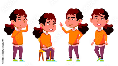 Asian Girl Kindergarten Kid Poses Set Vector. Little Child. Having Fun. Motherhood. For Advertisement, Greeting, Announcement Design. Isolated Cartoon Illustration