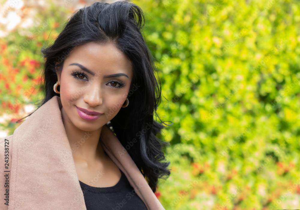 Beautiful young woman with long dark hair and exotic facial features. Beautiful young woman with long dark hair and exotic facial features.