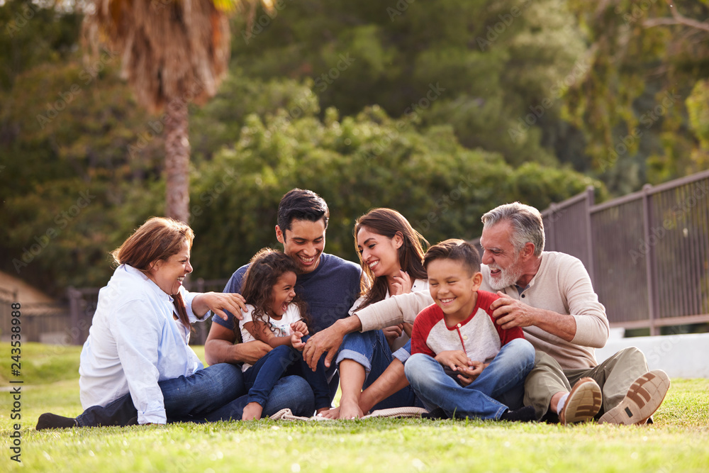 Happy three generation Hispanic family sitting on the grass together in the park, selective focus Happy three generation Hispanic family sitting on the grass together in the park, selective focus