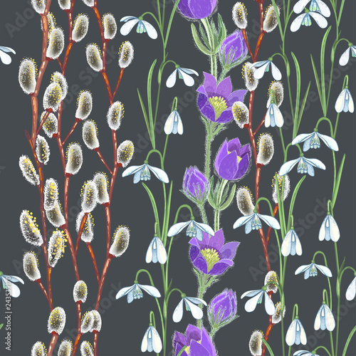 Vector seamless pattern with hand-drawn pulsatilla, Pussy willow and galanthus on dark background