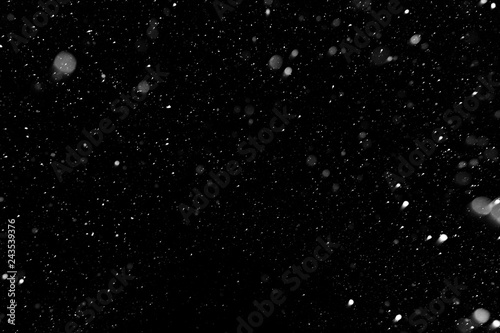 Bokeh white snow on a black night background