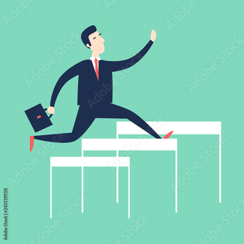 Businessman jumps over obstacles. Flat style vector illustration.