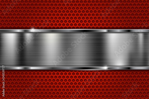 Red brushed metal texture. Scratched metallic surface with perforation