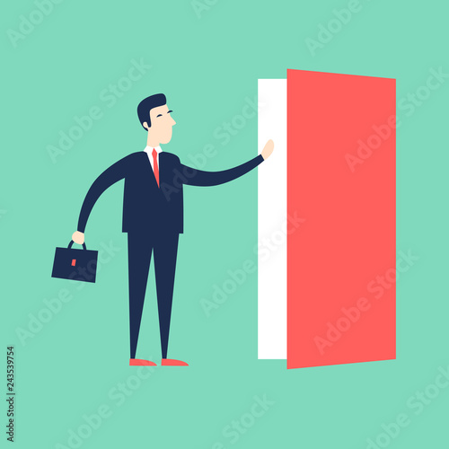 Businessman opens the door. Flat style vector illustration.