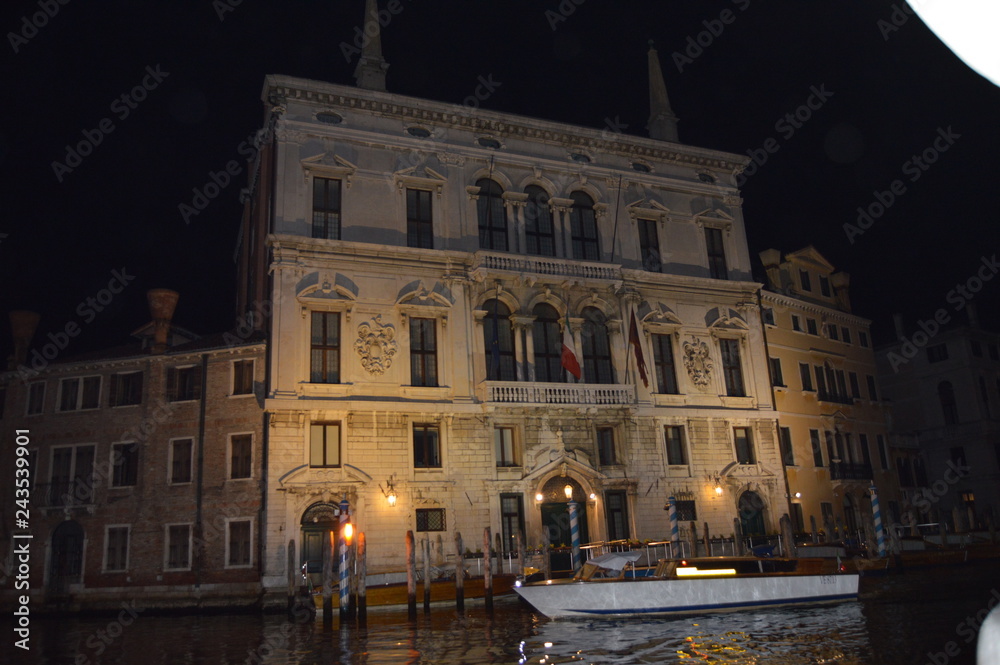 Night Photograph Of A Beautiful Palace On The Grand Canal Of Venice Adriatic Sea. Travel, Holidays, Architecture. March 27, 2015. Venice, Region Of Veneto, Italy.