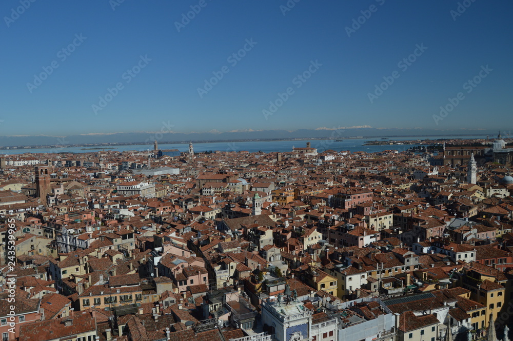 Aerial Views From The Campanile Tower On The Rooftops Of Venetian Style Buildings In Venice. Travel, Holidays, Architecture. March 27, 2015. Venice, Region Of Veneto, Italy.