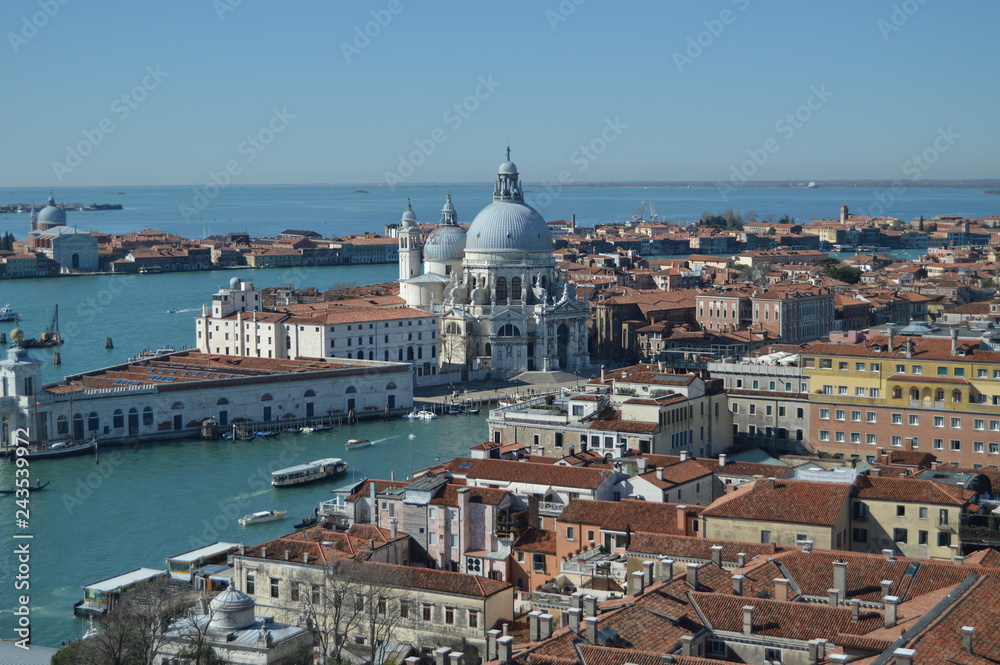 Aerial Views From The Bell Tower Campanille Of The Health Basilica Of Venice. Travel, Holidays, Architecture. March 27, 2015. Venice, Region Of Veneto, Italy.