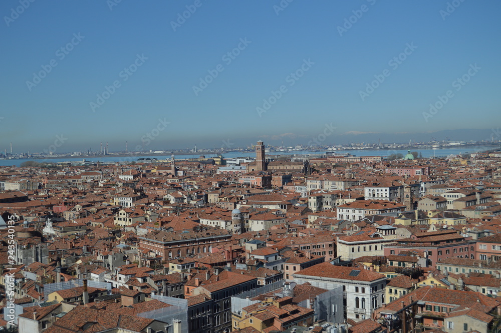 Aerial Views From The Campanile Tower On The Rooftops Of Venetian Style Buildings In Venice. Travel, Holidays, Architecture. March 27, 2015. Venice, Region Of Veneto, Italy.