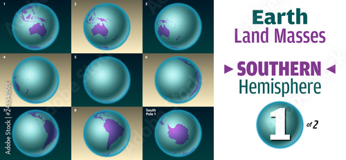 Earth Land Masses: Southern Hemisphere ONE of two: Nine views of colorful land masses