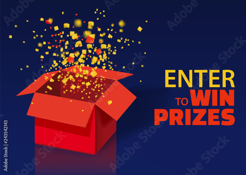 Open Red Gift Box and Confetti With Colorful Particles. Enter to Win Prizes. Lottery Drawing Advertising Banner Template. Vector Illustration, Isolated