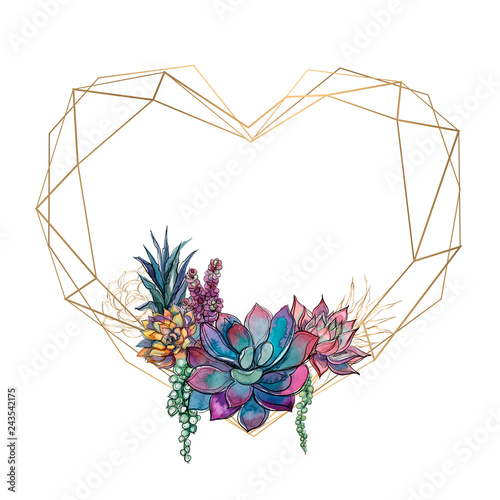 Gold heart frame with succulents. Valentine. Watercolor.Graphics. Vector.