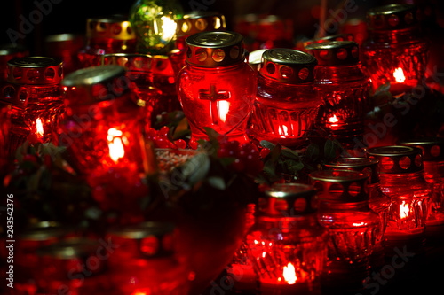 Red candles at night near the holodomor memorial in Ukraine. Famine photo