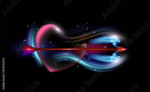 Glowing fantasy red arrow of Cupid pierced heart. Amur attribute of Valentines day fiery love, loving heart with over black. Ardent illuminated with luxury glow colorful design vector illustration