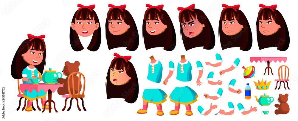 Asian Girl Kindergarten Kid Vector. Animation Creation Set. Face Emotions,  Gestures. Playful Positive Small Baby. For Web, Poster, Booklet Design.  Animated. Isolated Cartoon Illustration Stock Vector | Adobe Stock