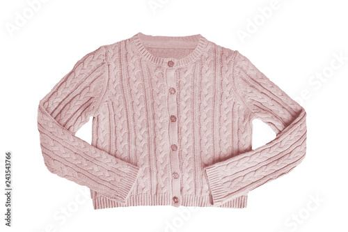 Girls clothes. Festive beautiful pink little girl sweater or knitted cardigan isolated on a white background. Children and kids fashion. photo