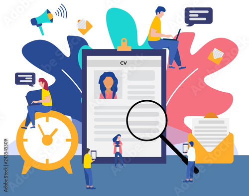 Job hiring and online recruitment concept with tiny people characters, agency interview. Job agency. Template for web landing page, banner, presentation, social media. Vector illustration