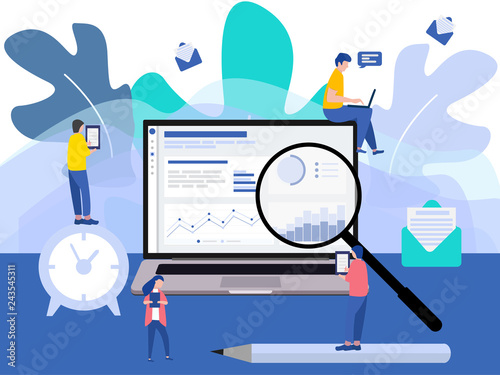 Modern flat design with a group of miniature business people analyse data together. Tiny people characters. Template for web landing page, banner, presentation, social media. Vector illustration