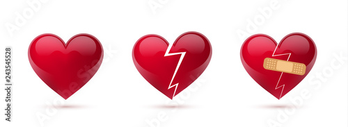 Broken hearts vector set of 3d realistic icons and symbols. Isolated in white background. Vector illustration
