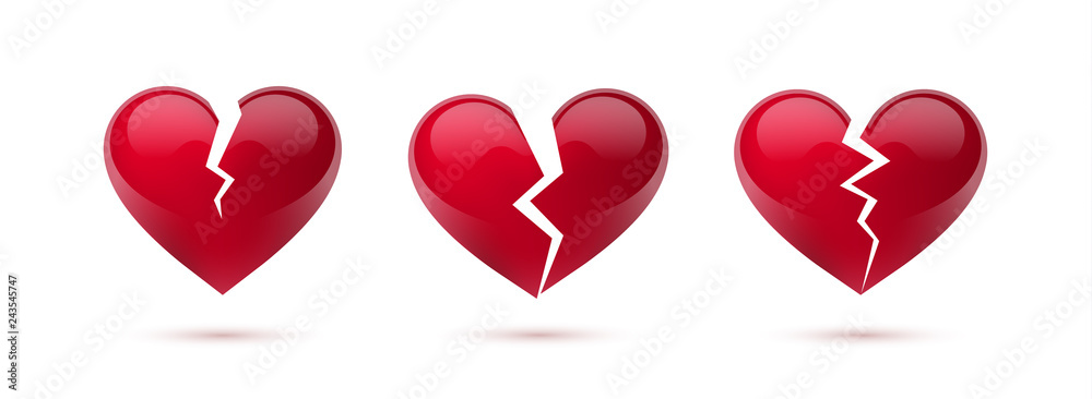 Broken hearts vector set of 3d realistic icons and symbols. Isolated in white background. Vector illustration