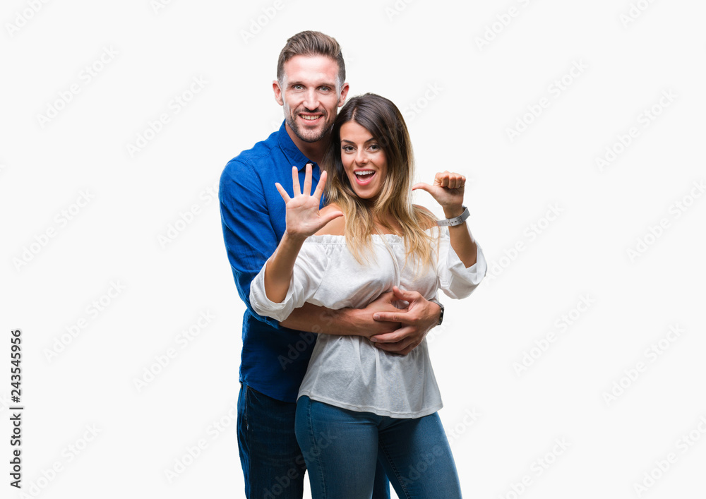Young couple in love over isolated background showing and pointing up with fingers number six while smiling confident and happy. Young couple in love over isolated background showing and pointing up with fingers number six while smiling confident and happy.