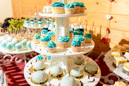 Sweet gourmet buffet table at the wedding in blue tones