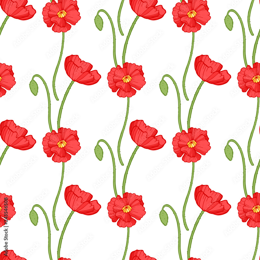 Poppy seamless pattern. Red poppies with green leaves on white background. Can be uset for textile, wallpapers, prints and web design. Vector illustration