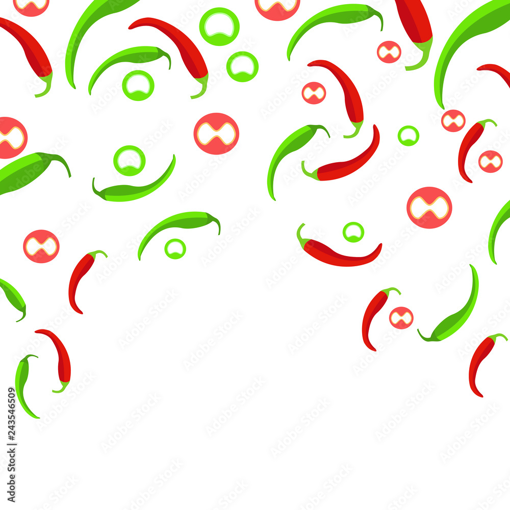 Fototapeta premium Chilli pepper frame green red in white background. Template with round slices and whole peppers. Vector flat illustration. Vegetable backdrop. Food banner with space