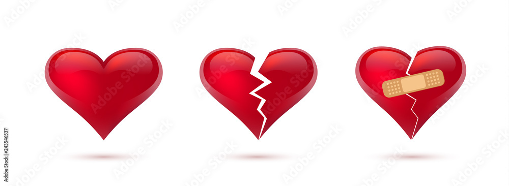 Broken hearts vector set of 3d realistic icons and symbols. Isolated in white background. Vector illustration