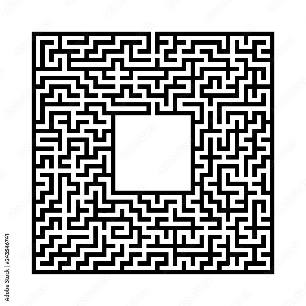Black abstract square maze with a place for your image. An interesting and useful game for kids. A simple flat vector illustration isolated on a white background.