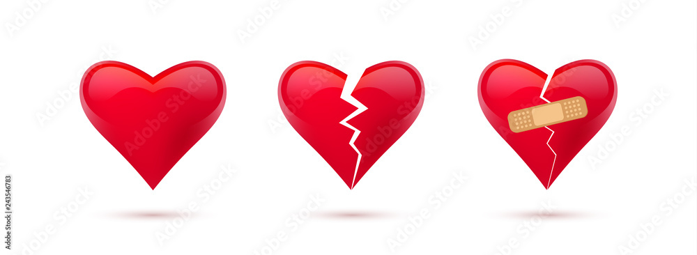 Broken hearts vector set of 3d realistic icons and symbols. Isolated in white background. Vector illustration