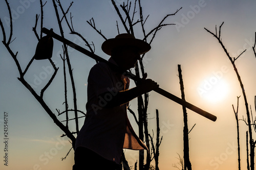 silhouette of man with hoe, background with dry trees and sky without clouds and strong sun