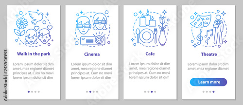 Types of dates onboarding mobile app page screen with linear con
