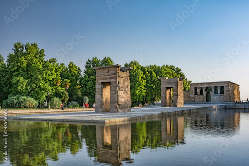 Ancient Egyptian Debot temple at sunset. One of the most main sightweeing monuments in Madrid, Spain.