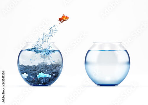 Improvement and moving concept with a goldfish jumping from a dirty aquarium to a clean one
