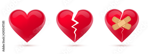 Broken hearts vector set of 3d realistic icons and symbols. Isolated in white background. Vector illustration