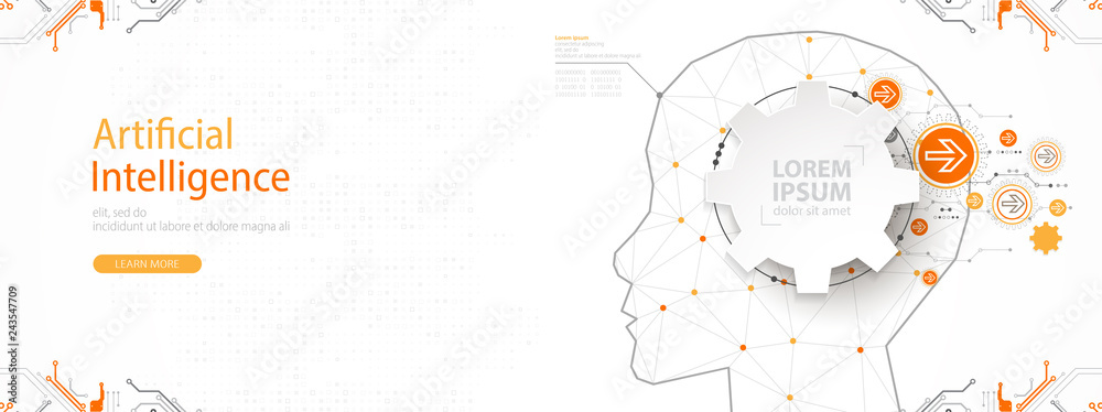 Naklejka premium Artificial intelligence (AI) and big data concept. Machine cyber mind. Humen face with binary data flow. Technology vector background.