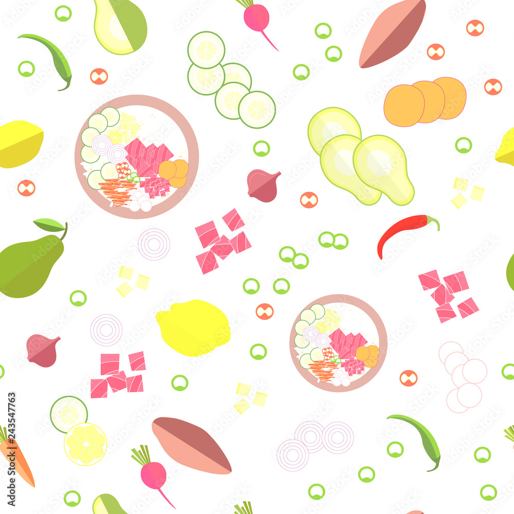 Seamless pattern ingredients for poke bowl. Whole and sliced ​​fruits and vegetables in flat style isolated on white background. Radish, carrot, onion, cucumber, lemon, avocado, tuna, pepper, yam,rice