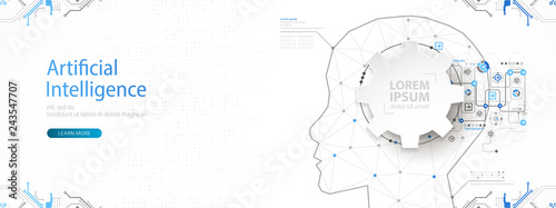 Artificial intelligence (AI) and big data concept. Machine cyber mind.  Humen face with binary data flow. Technology vector background.