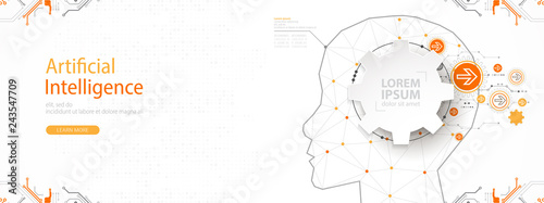Artificial intelligence (AI) and big data concept. Machine cyber mind.  Humen face with binary data flow. Technology vector background.