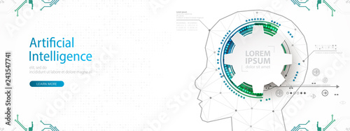 Artificial intelligence (AI) and big data concept. Machine cyber mind.  Humen face with binary data flow. Technology vector background.