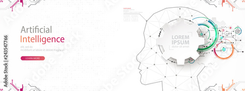 Artificial intelligence (AI) and big data concept. Machine cyber mind.  Humen face with binary data flow. Technology vector background.