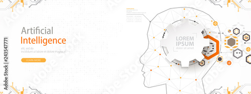 Artificial intelligence (AI) and big data concept. Machine cyber mind.  Humen face with binary data flow. Technology vector background.