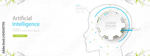 Artificial intelligence (AI) and big data concept. Machine cyber mind.  Humen face with binary data flow. Technology vector background.