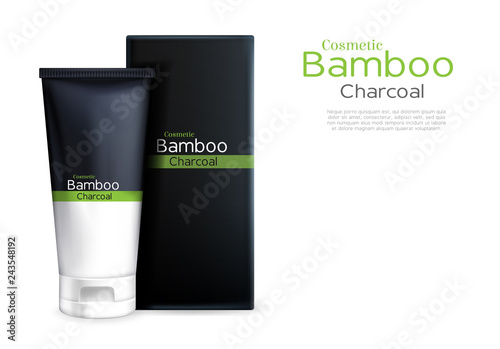 Vector 3d realistic cream in tube package, luxury cosmetics with bamboo and charcoal. Cleansing mask and wrapping for it - branded container. Skincare, hygiene product on a white background.