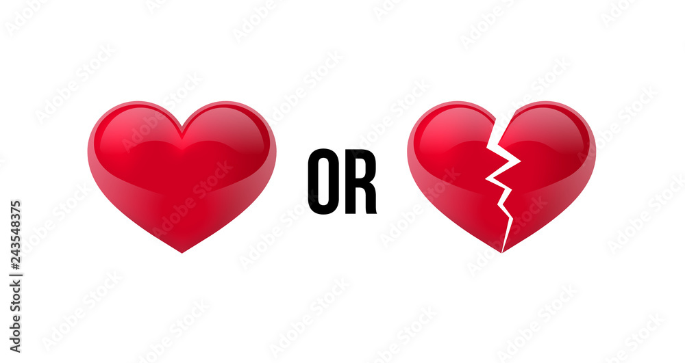 Do you love me? Yes OR No? Heart and broken heart. Isolated in white background. Vector illustration