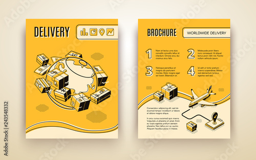 Vector brochure template for worldwide shipping, air delivery. 3d isometric planet with parcels, mail and plane. Booklet in thin line style, transport logistics. Yellow background with boxes, aircraft