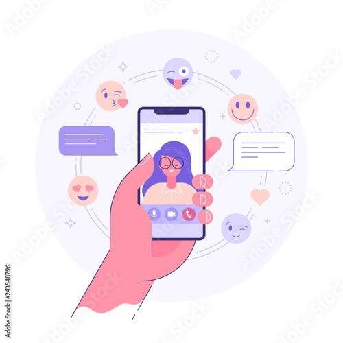 Video chat application concept. Male hand holding smart phone with young woman on display. Flat vector illustration.