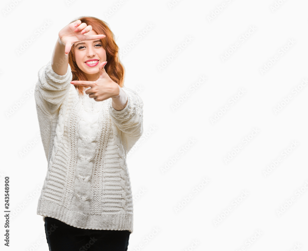 Young beautiful woman over isolated background wearing winter sweater smiling making frame with hands and fingers with happy face. Creativity and photography concept. Young beautiful woman over isolated background wearing winter sweater smiling making frame with hands and fingers with happy face. Creativity and photography concept.