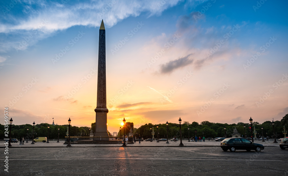 Beautiful sunset of Luxor Obelisk. Paris, France